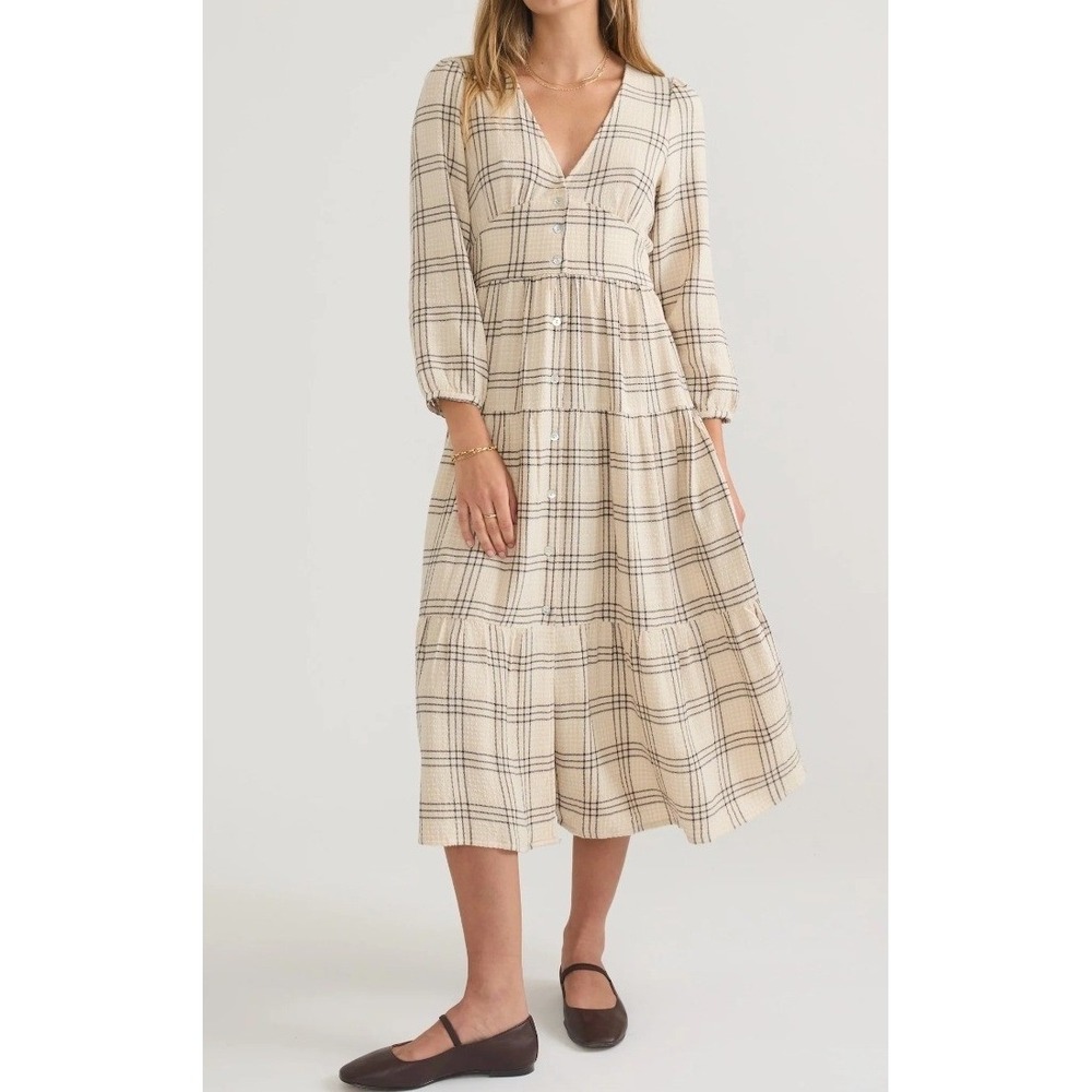 Marine Layer Plaid Tiered Midi Dress Cream Black V-Neck Smocked‎ Back XL NEW